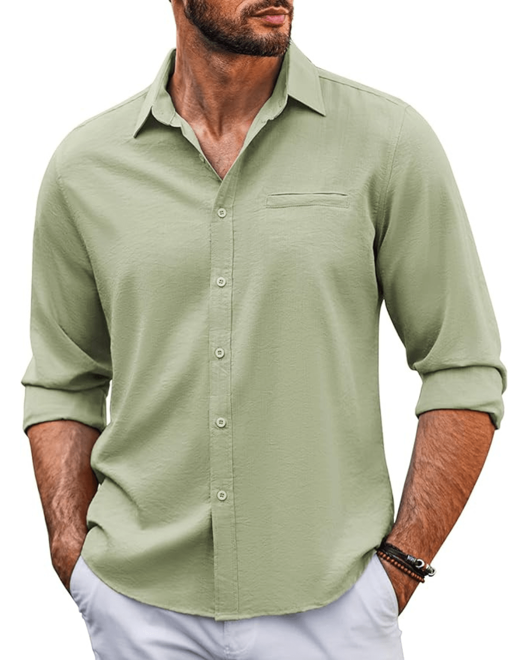 Men's Casual Long Sleeve Button Down Shirts Linen Dress Shirt Beach Summer Shirts with Pocket