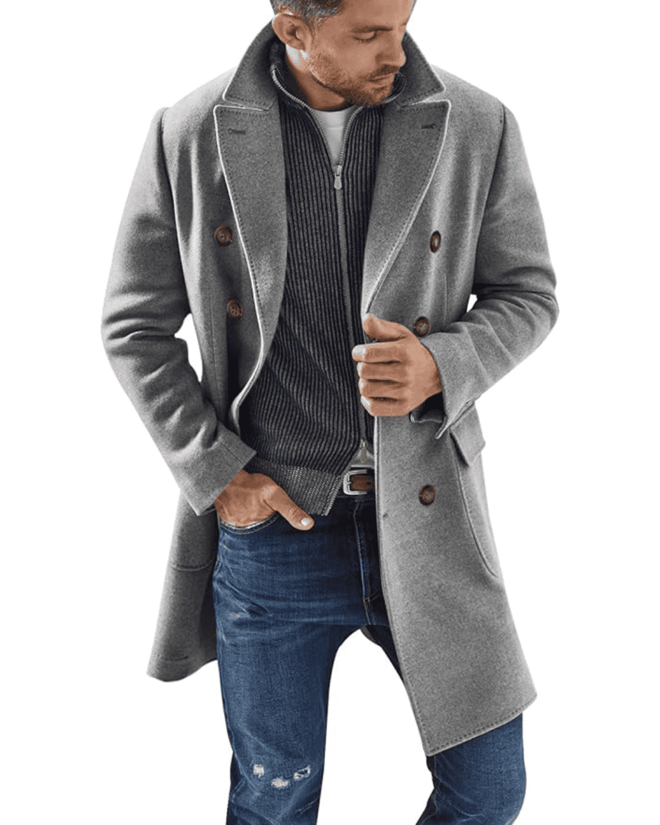 Mens Notched Lapel Long Trench Coat Double Breasted Slim Heavyweight Winter Warm Pea Coat Overcoat Outwear