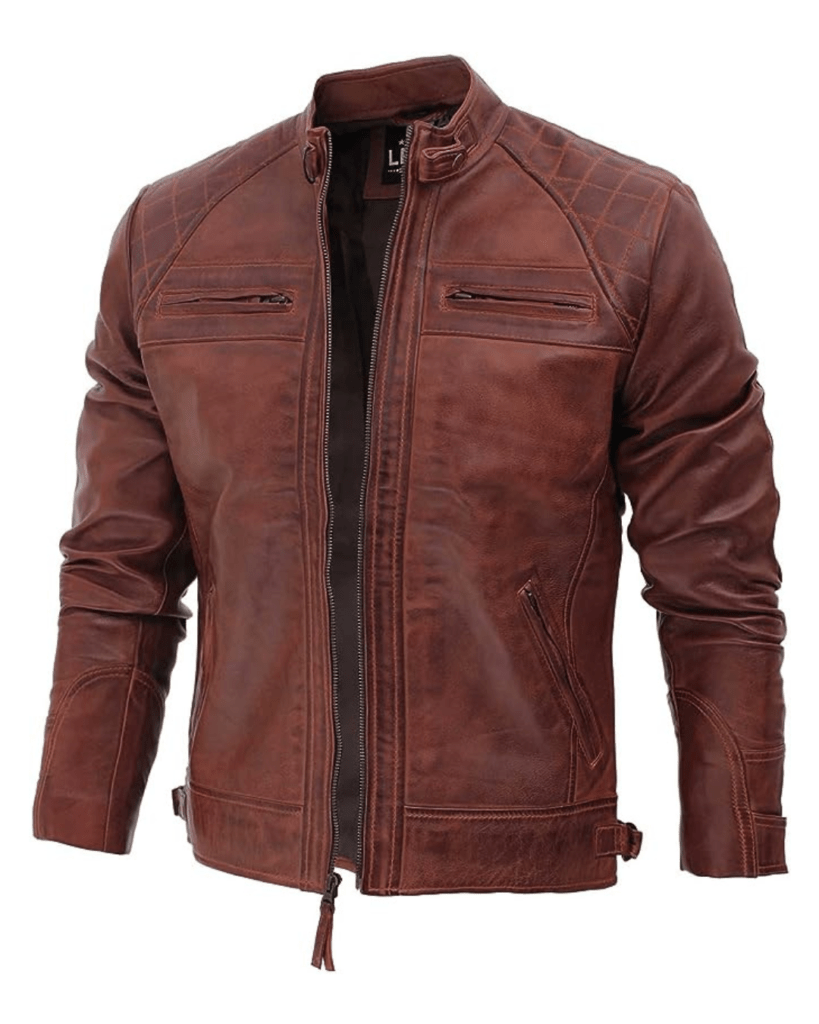 Leather Biker Jacket - Quilted Cafe Racer Zip Up Moto Jackets Men