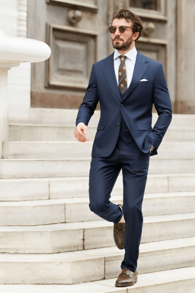 CLASSIC CHARM: navy suit paired with a crisp white shirt and a slim tie, mens valentines day outfit ideas