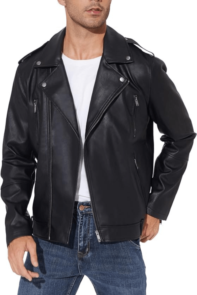 Fahsyee Faux Leather Jacket Men - Black Bomber Jackets Motorcycle Stand Collar Lightweight Zip-Up Slim Fit Biker Coat