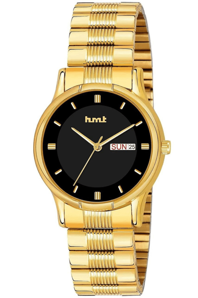 Golden Black Dial Day and Date Metal Chain Analog Watch
