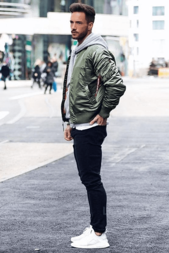 Sporty Chic: Mix athleisure with urban edge by teaming your white sneakers with jogger pants and a fitted hoodie. Throw on a bomber jacket for an extra dose of street cred, white sneakers men outfit