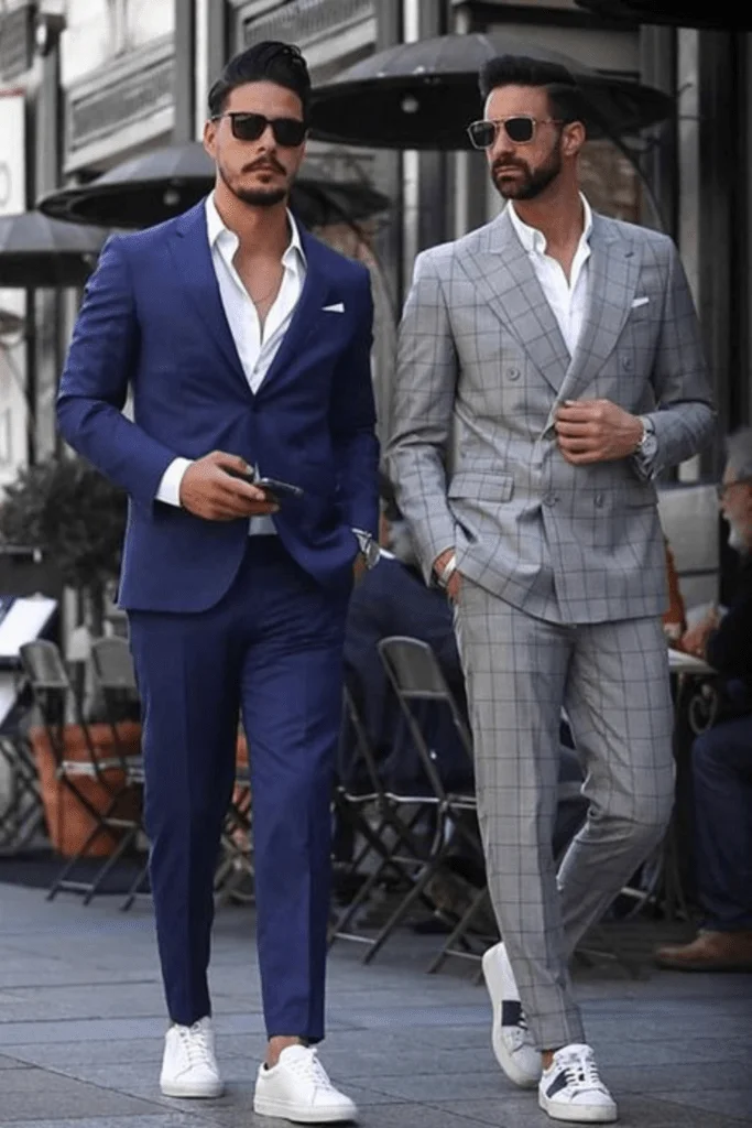 Business Casual: Pair your white sneakers with tailored trousers, a button-down shirt, and a smart blazer for a look that's polished yet relaxed. white sneakers men outfit