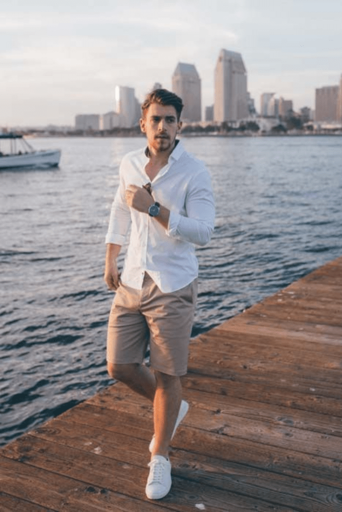 Summer Sophistication: Pair your white sneakers with tailored shorts and a lightweight linen shirt for a look that's equal parts casual and chic. white sneakers men outfit