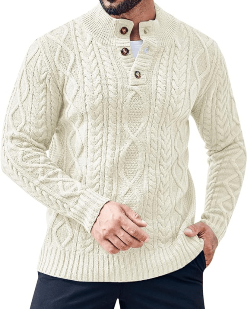 Gafeng Mens Mock Neck Pullover Sweater Casual Slim Fit Cable Knit Button Up Thermal Lightweight Winter Sweaters Knitwear