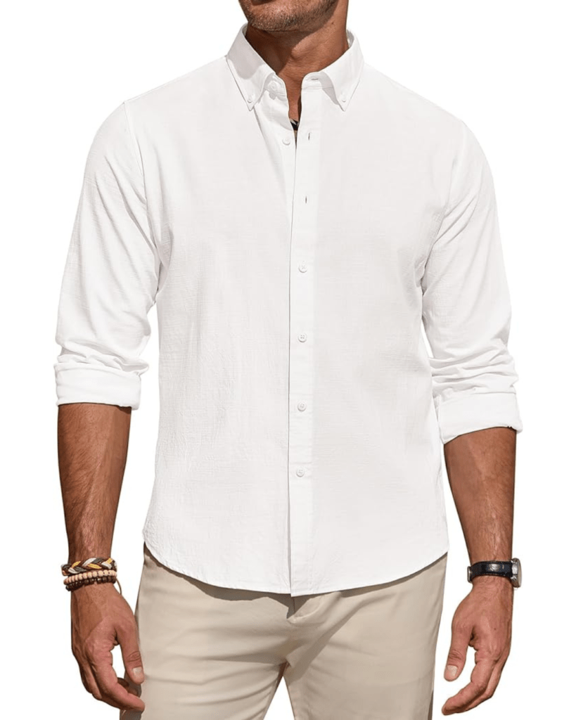 J.VER Men's Linen Shirt Casual Lightweight Long Sleeve Solid Button Down Collar Shirts Beach Tops for Holiday Work