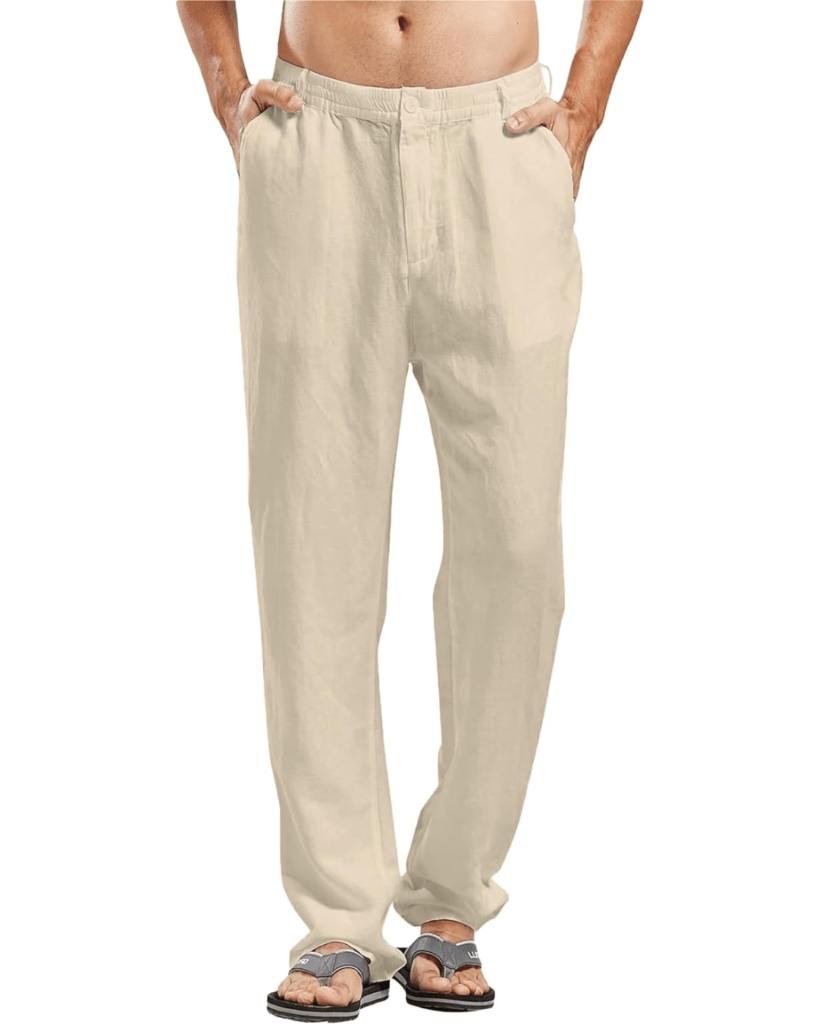 LVCBL Men's Cotton Linen Pants Lightweight Elastic Waist Trousers Relaxing Linen Pants with Pockets