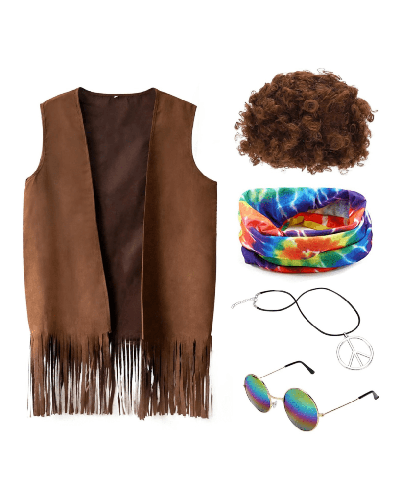 LiuSuper 5PCS Hippie Costume Set Fringe Vest Brown Wig Vest Costume Accessory for Men Women 60s 70s Theme Party Halloween Cosplay