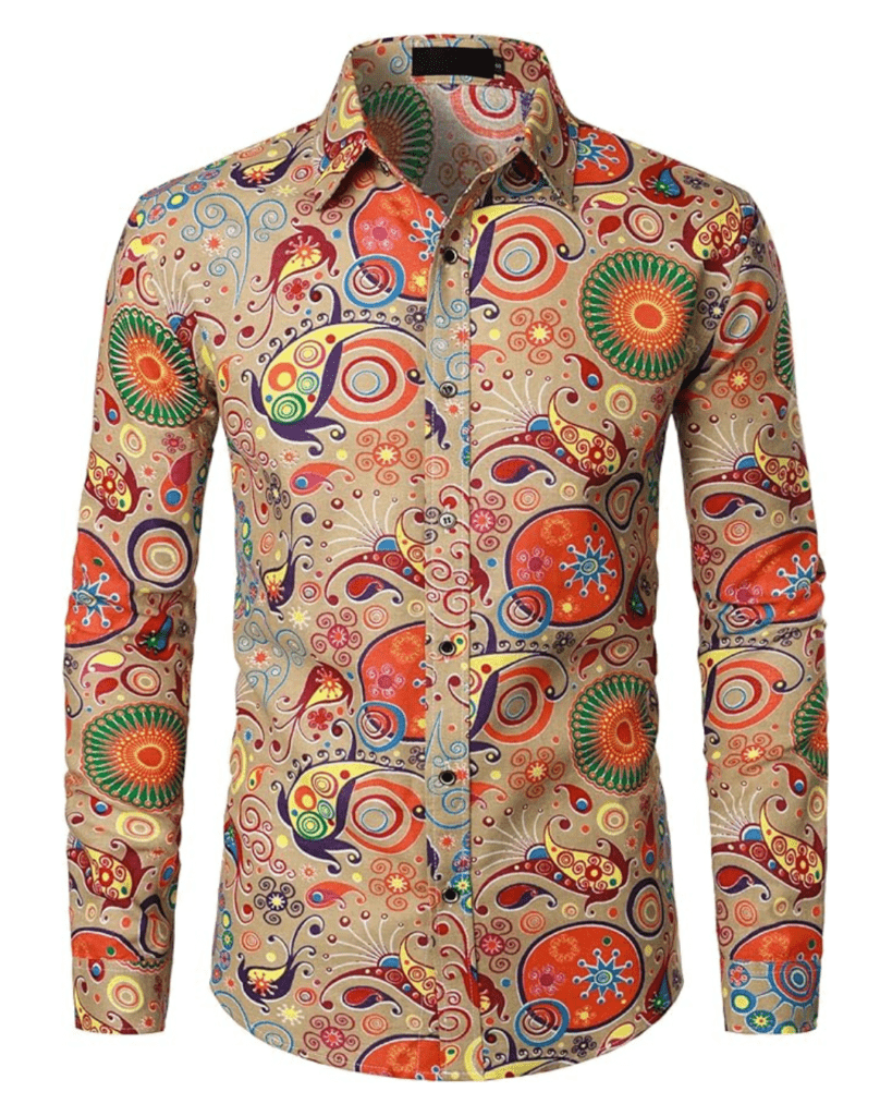 Men's Linen Stylish African Traditional Pattern Printed Long Sleeve Button up Shirt