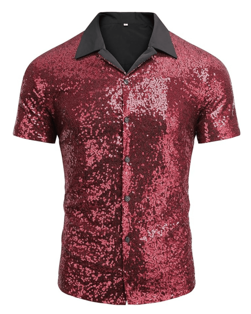 Men's Sequin Dress Shirt 70s Disco Costume Sparkle Party Short Sleeve Button Down Shirts