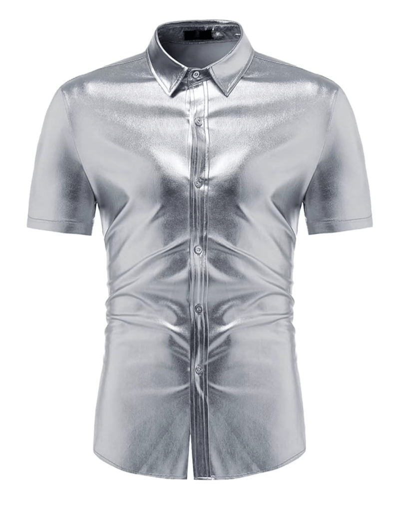 babyhealthy Men's 70s Disco Shiny Gold Silver Short Sleeve Button Down Polo Shirts Sequins Party Costume Dress