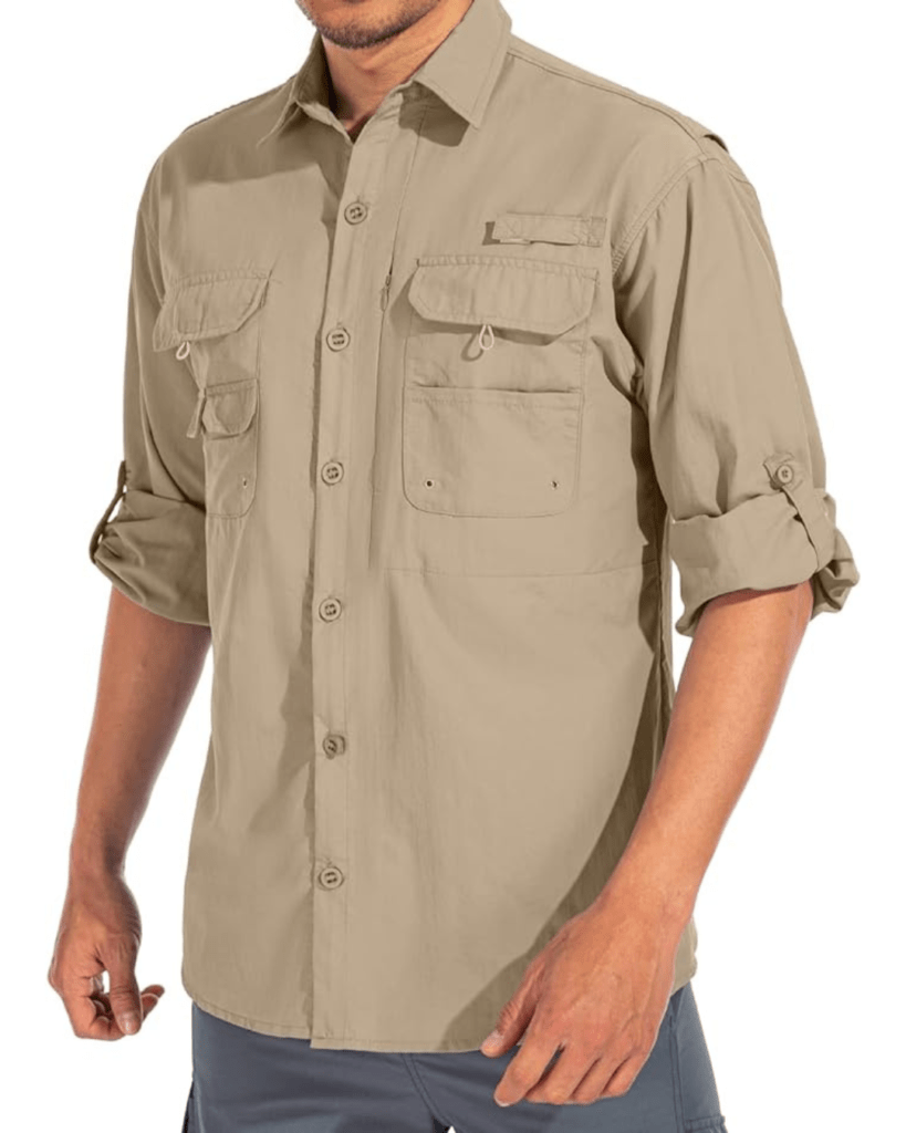 linlon Mens Safari Shirts Long Sleeve UV Protection Hiking Fishing UPF 50+ Quick Dry Cooling Camping Travel Shirts