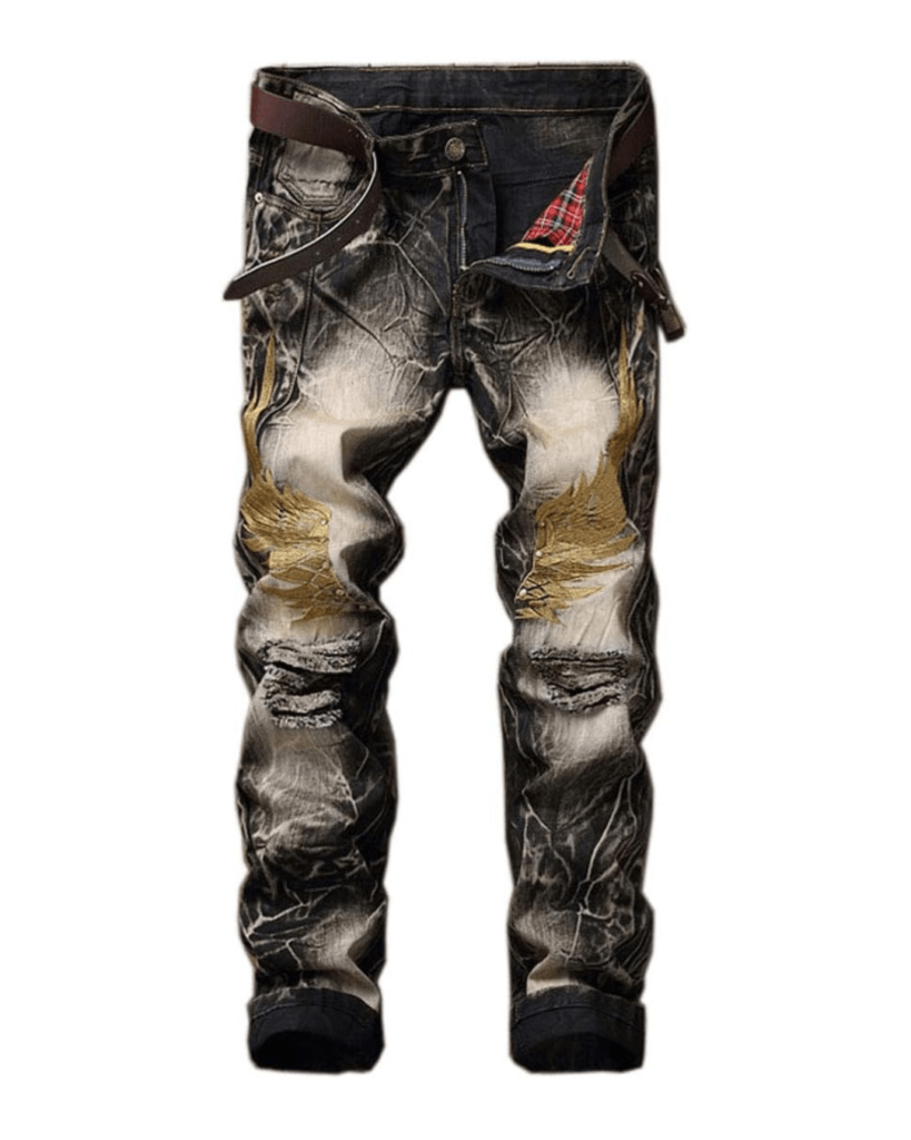 utcoco Men's Slim Fit Mid Waist Straight Leg Ripped Distressed Holes Classic Denim Patches Jeans