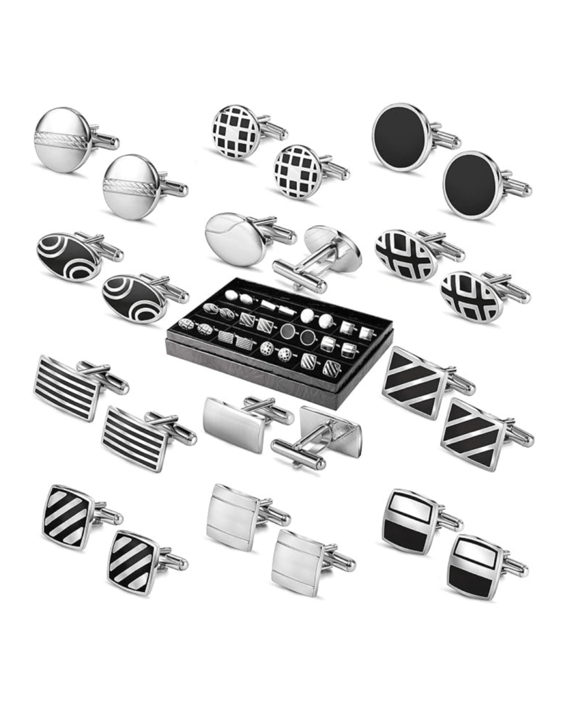 12 Pairs Cufflinks Set Gifts for Men Vintage Wedding Tuxedo Shirt Cuff Links Silver & Black