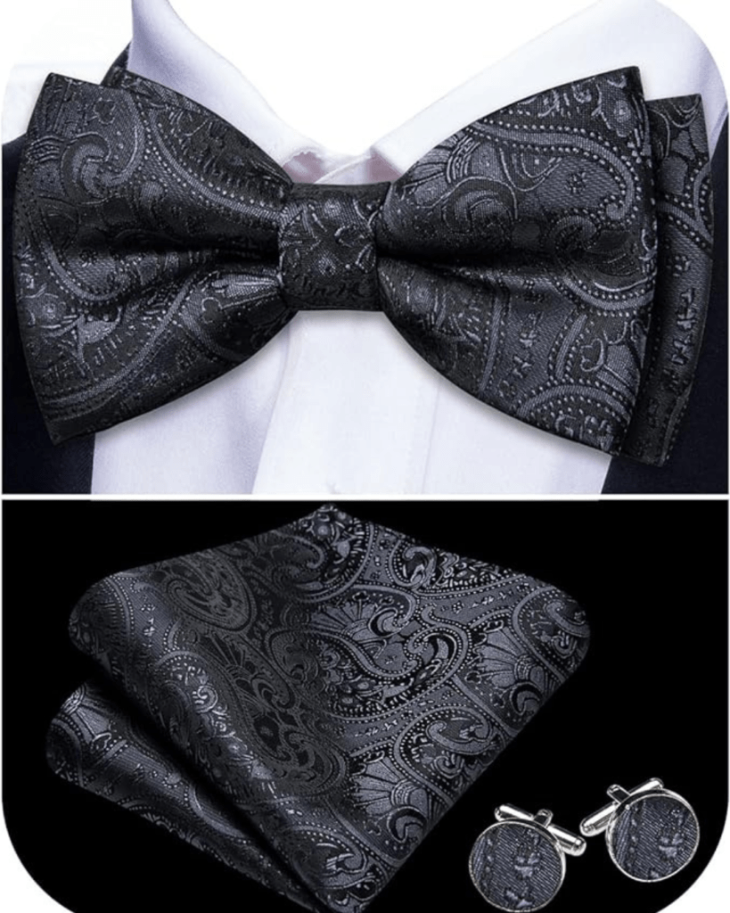 Barry.Wang Men Bow Tie Set Paisley Stripe Silk Pre-Tied Bowtie Pocket Square Cufflinks Formal Wedding Party Prom