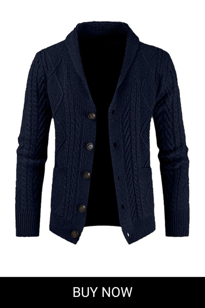 JMIERR Men's Casual Long Sleeve Shawl Collar Buttons Down Cable Knit Cardigan Sweater with Pockets