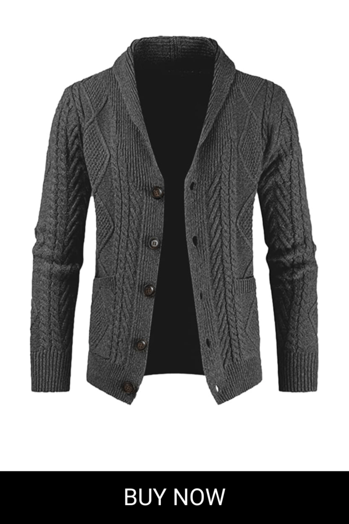 JMIERR Men's Casual Long Sleeve Shawl Collar Buttons Down Cable Knit Cardigan Sweater with Pockets
