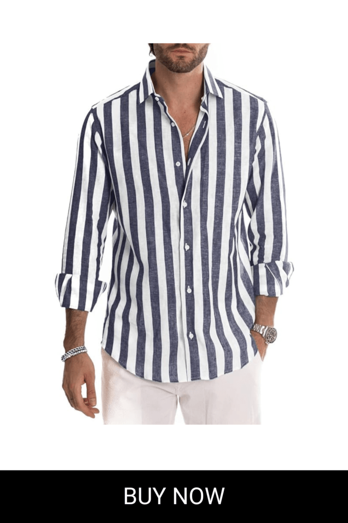 JMIERR Men's Cotton Shirts Casual Long Sleeve Button-Down Striped Dress Shirt