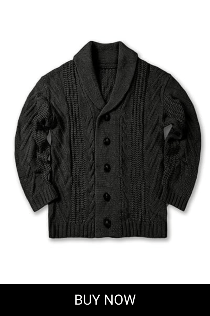 Mens Cable Knit Cardigan Sweater Shawl Collar Loose Fit Long Sleeve Casual Cardigans