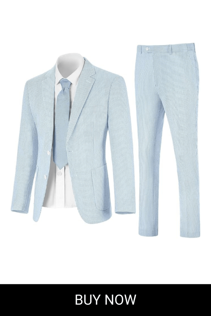 Mens Seersucker Suit Slim Fit Suits for Men Summer Striped Wedding Prom Party Dinner 2 Piece Daily Suit Jacket Blazer Pants