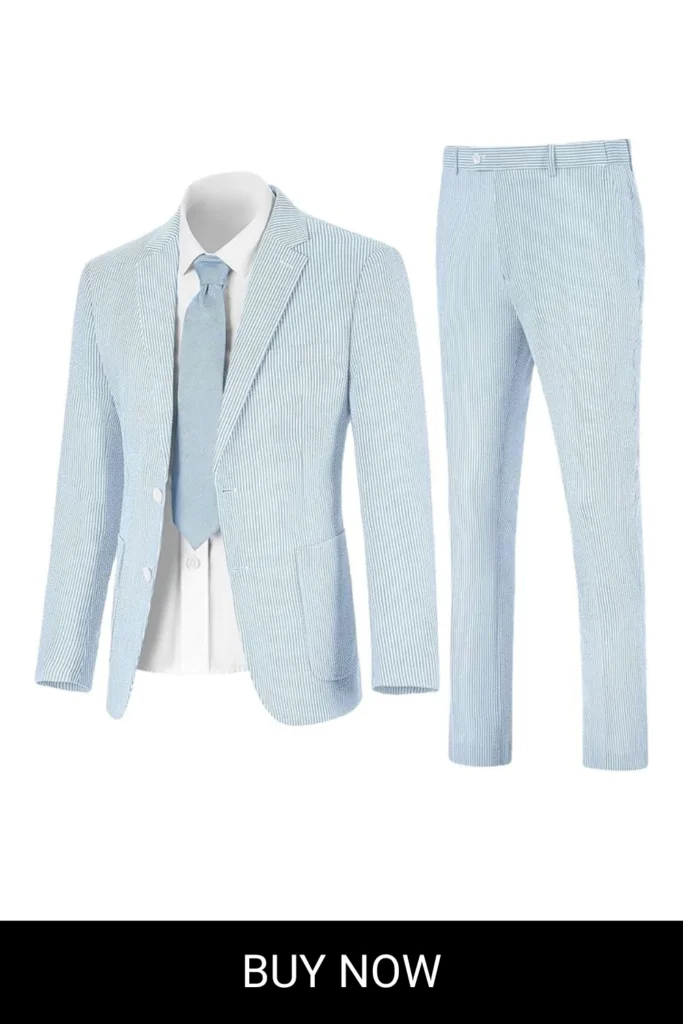 Mens Seersucker Suit Slim Fit Suits for Men Summer Striped Wedding Prom Party Dinner 2 Piece Daily Suit Jacket Blazer Pants