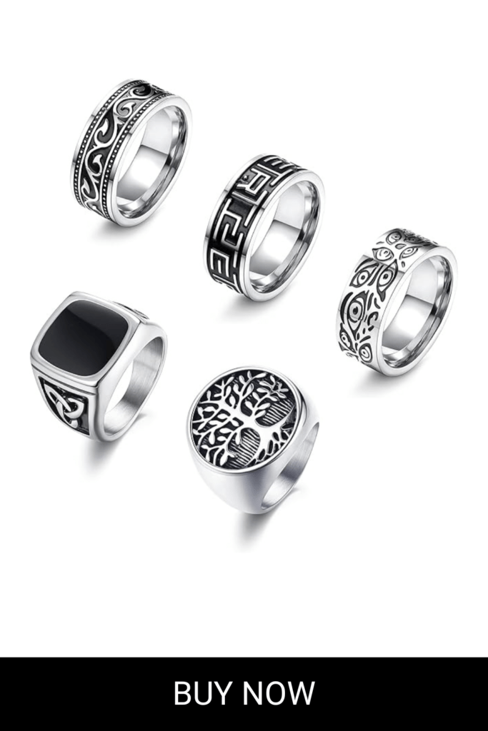 Sanfenly 5Pcs Stainless Steel Rings for Men Greek Signet Thumb Silver Retro Carving Celtic Band Rings Vintage Biker Band Rings Set
