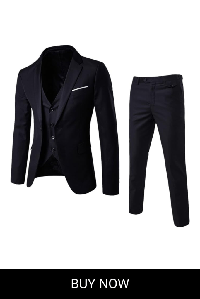 WULFUL Men’s Slim Fit Suit One Button 3-Piece Blazer Dress Business Wedding Party Jacket Vest & Pant