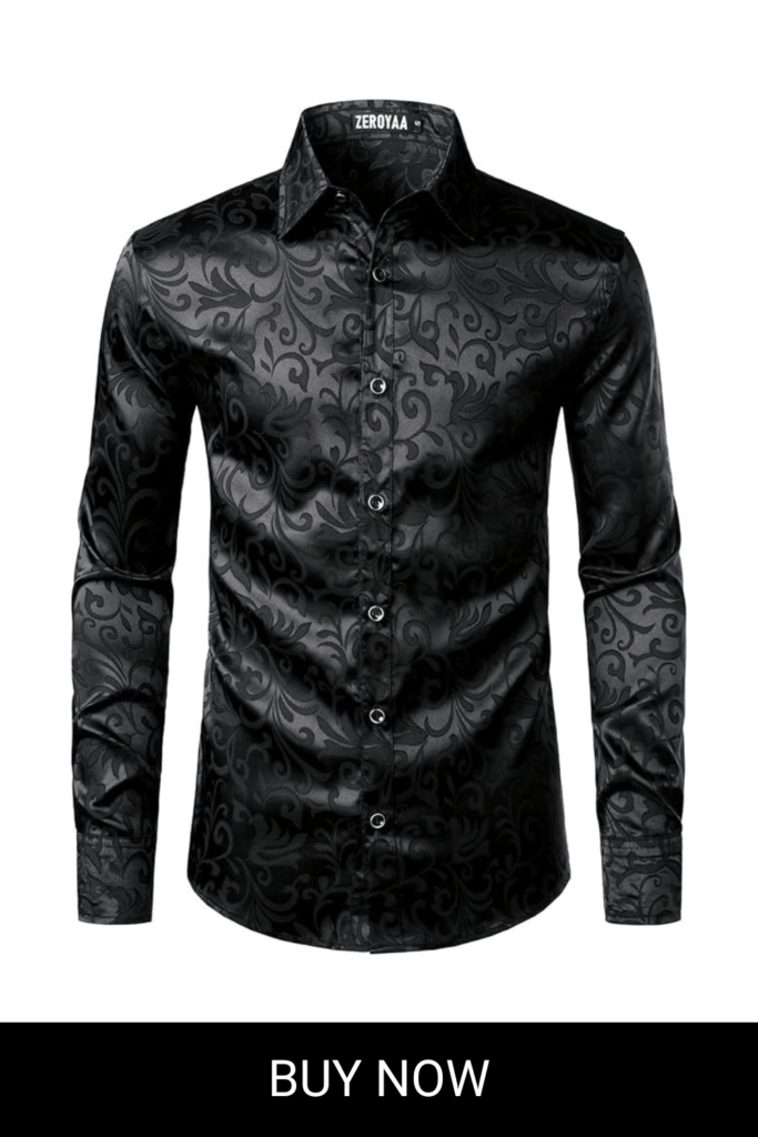 ZEROYAA Men's Luxury Jacquard Long Sleeve Dress Shirt Shiny Satin Slik Like Wedding Party Prom Shirts