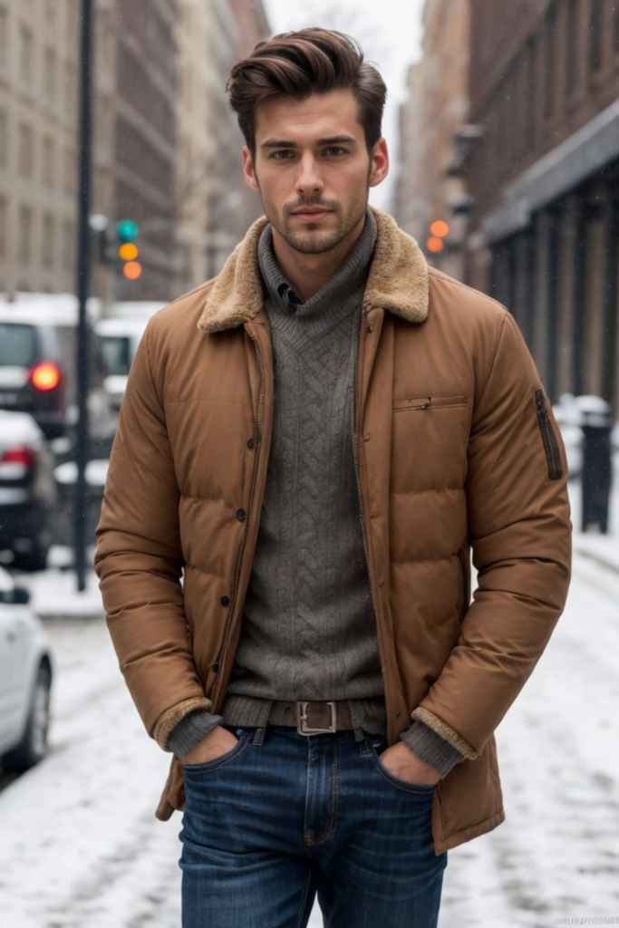 Casual Chic: Bomber Jacket & Knit Sweater winter outfit for men