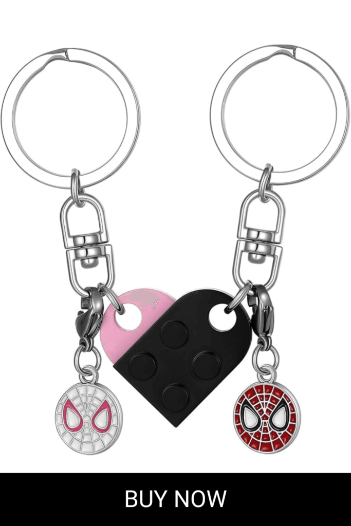 Matching Heart Keychains for Couples Best Friend Brick Heart Keychain Set with Spider Charms Valentines Day Gifts