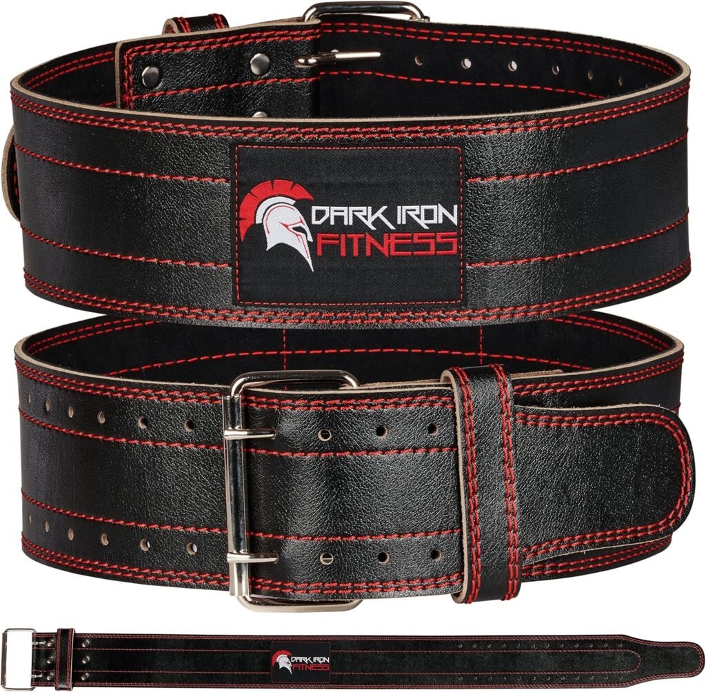Dark Iron Fitness Genuine Leather Weightlifting Belt, 4 Inch Wide for Men Women with Double Prong Buckle Reinforced Stitching, Powerlifting Deadlift Squat Training Core Support Gym Strength Workout